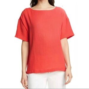 EILEEN FISHER Boat Neck Boxy Short Sleeve Blouse Organic Cotton Gauze Size S